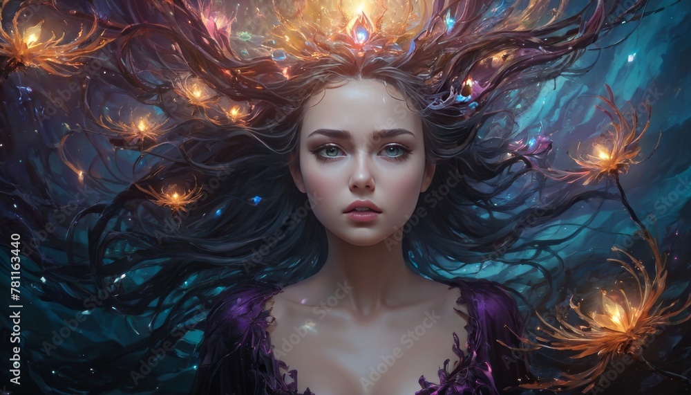 Ethereal beauty captures the gaze as a nymph with fiery locks emanates a mystical presence, adorned in a fantasy setting.. AI Generation