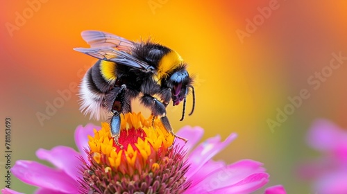 Close-up of a bumblebee pollinating vibrant flowers, showcasing the intricate details and the beauty of nature. © David
