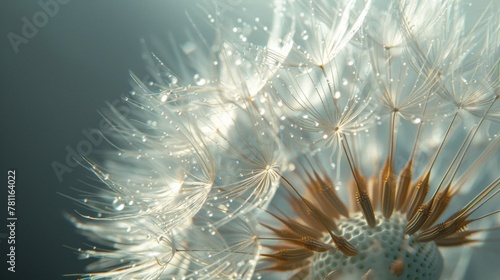 Delicate dandelion seed head with seeds ready to disperse, captured in a close-up showing fine details and textures. photo