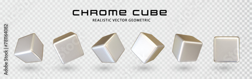 3d chrome cube shape realistic vector graphic isolated on transparent background. Geometric square figure y2k icon design. Creative futuristic polygon
