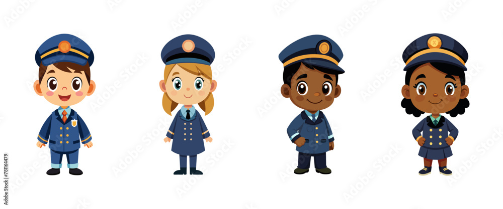 Diverse group of children dressed as railway workers, vector cartoon illustration.