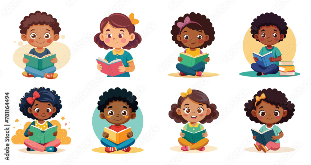 Children reading books, vector cartoon illustration.