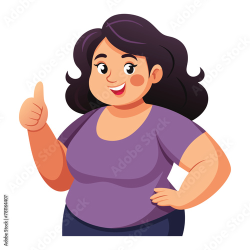 Cheerful latina body positive woman giving a thumbs-up, Positive response vector cartoon illustration.