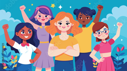 Diverse group of happy friends, woman power, girl unity and joy vector cartoon illustration.