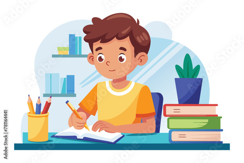 Little boy enjoys writing, a creative moment vector cartoon illustration. Schoolboy focused on study, classroom scene.
