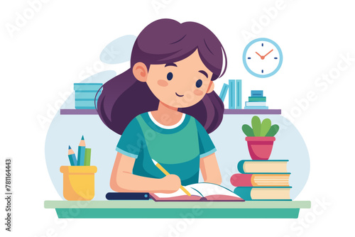 Little girl enjoys writing, a creative moment vector cartoon illustration. Schoolgirl focused on study, classroom scene.