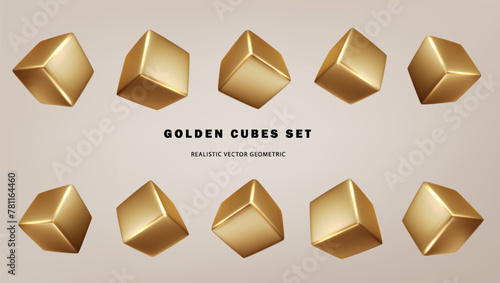 Realistic cube in various positions. Vector geometric shapes 3d golden collection. Geometric primitives. Minimal Decoration elements
