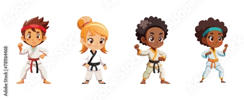 Multicultural kids in martial arts poses, vector cartoon illustration.