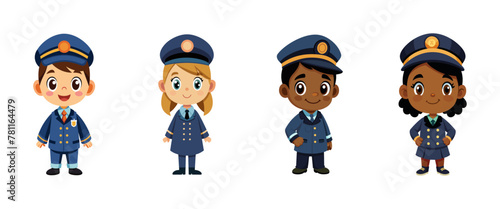 Diverse group of children dressed as railway workers, vector cartoon illustration.