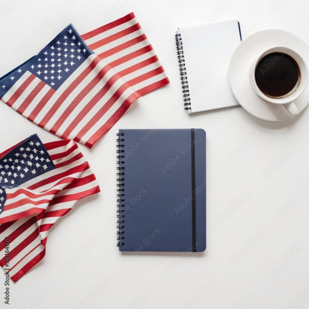 Obraz premium Top view of fireworks for independence day with American flags and notebook