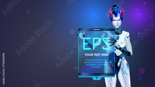 AI or artificial intelligence in the form of a humanoid female robot holds an empty poster or screen template in its hands. Vector. AI bot presents business report. Robot Speaker presentation about AI photo