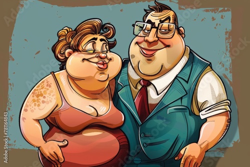 Cheerful overweight couple in a loving relationship, sharing laughter and happiness together.