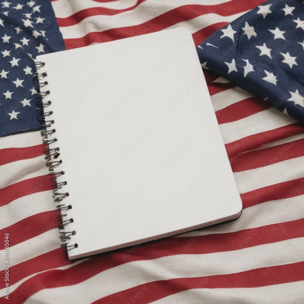 Obraz premium Top view of fireworks for independence day with American flags and notebook