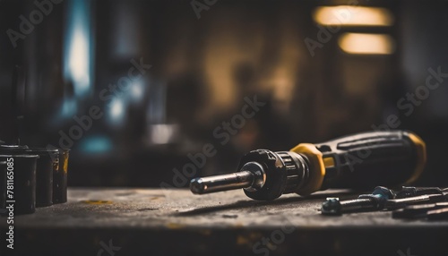 screwdriver on table and interior of workshop empty space for your decoration