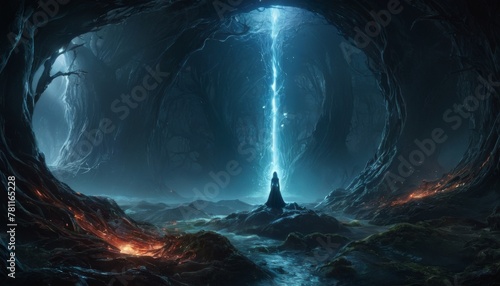 A breathtaking digital art piece depicting a lone figure before an energy rift in an alien cave, invoking a sense of cosmic solitude. AI Generation
