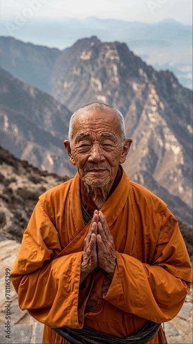an old man wearing an orange robe with folded hands in front of him