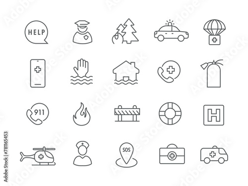 Emergency icons. SOS. Emergency assistance. A set of icons in a linear style. Vector illustration.