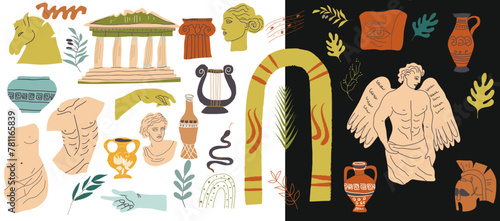 Ancient, Greek element set. Various Antique statues. Branch olive, amphora, column, angel. Heads of woman, snake, Classic Antique items in modern style. Contemporary arts.