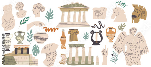 Ancient Greek classic statues and sculptures set, drawn in modern trendy style. Antique art design elements, busts and torsos of Greece. Flat graphic vector illustrations isolated on white background