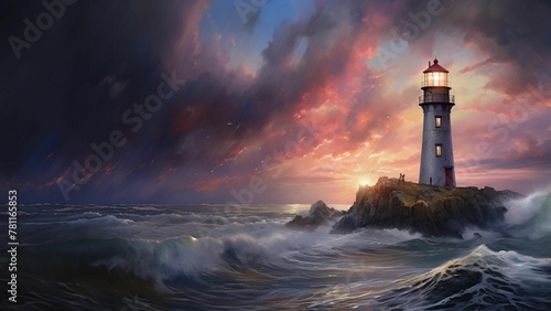 AI generated illustration of a lighthouse perched atop a crashing wave © Wirestock