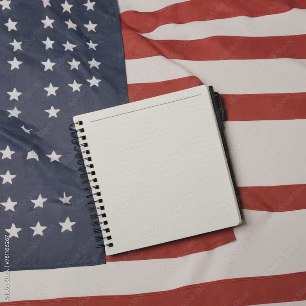 Obraz premium Top view of fireworks for independence day with American flags and notebook