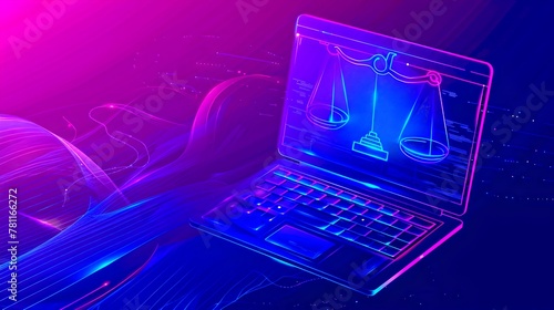 Colorful Digital Art of a Laptop Displaying Scales of Justice. Internet Law Concept, Cybersecurity and Data Privacy. Futuristic Glowing Neon Style. AI