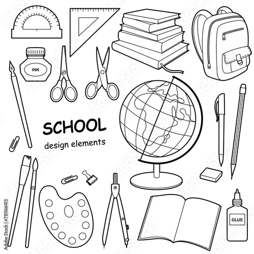 School tools, supplies. Stationery set backpack, globe, pencils, brushes, ink, ruler, books, glue. Back to school. Outline illustration, design elements or page of children's coloring book