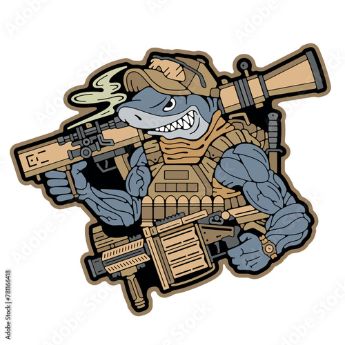 Military patch. Army badges on clothes. Military Shark. Great white shark  holding a weapon. Army stamp. Military emblem. Stock Vector Image