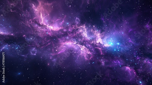 Mesmerizing expanse of the universe with a brilliant nebula at its center, radiating outward in shades of purple and blue, illuminated by countless stars. photo