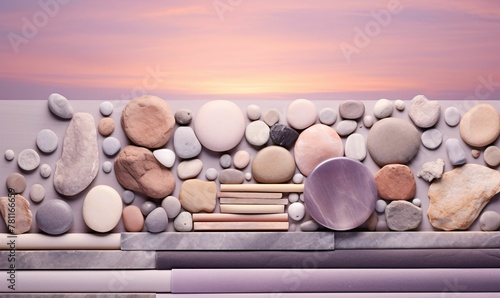 AI generated illustration of a composition of stones against the sky during sunset