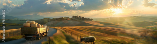 Cargo truck full of cheese products on the road in the pasture with sheep in a tuscany countryside and sunset. Concept of high quality food products, local farming, cargo and shipping. photo