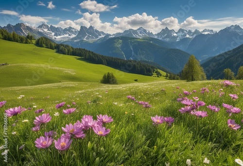 Serene Springtime: Idyllic Mountain Landscape in the Alps, Adorned with Blooming Meadows © Premium Art