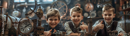 Group of children doing their dream job as Clockmakers in the workshop. Concept of Creativity, Happiness, Dream come true and Teamwork. Horizontal, banner. photo