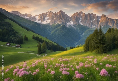 Serene Springtime: Idyllic Mountain Landscape in the Alps, Adorned with Blooming Meadows