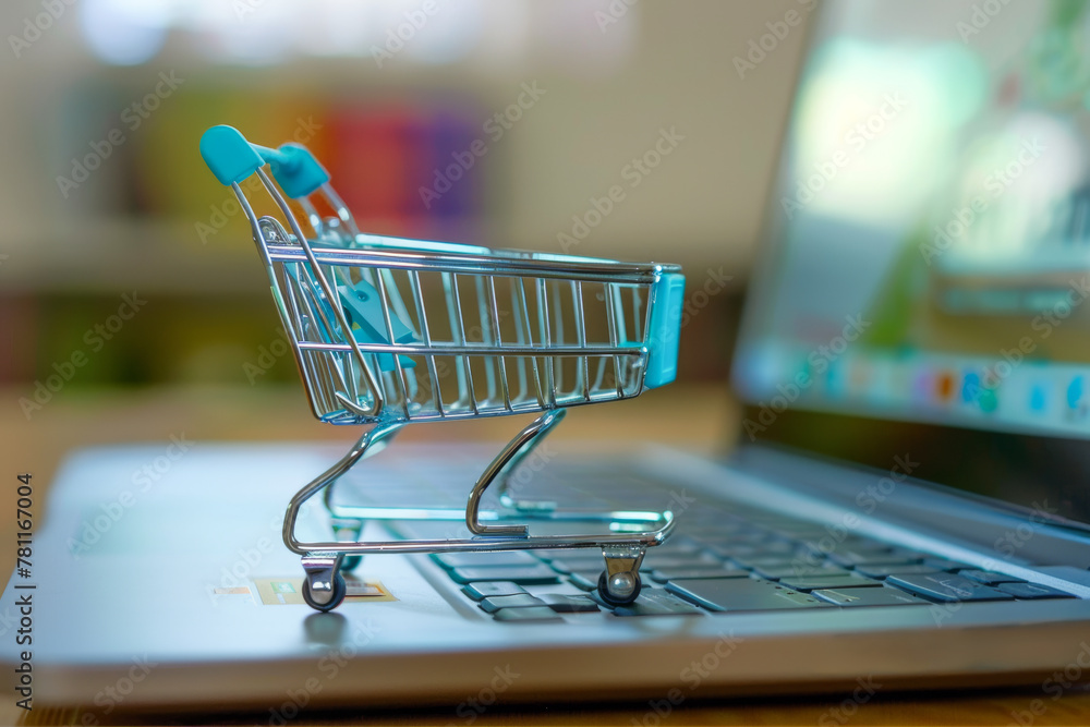 Mini shopping cart on a laptop keyboard depicting online shopping concept