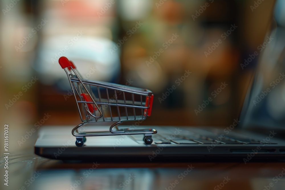 Mini shopping cart on a laptop keyboard illustrating online shopping concept