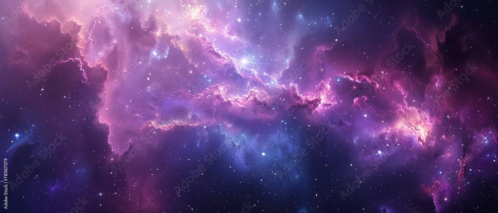 Mesmerizing expanse of the universe with a brilliant nebula at its center, radiating outward in shades of purple and blue, illuminated by countless stars. - obrazy, fototapety, plakaty 