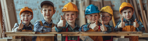 Group of children doing their dream job as Joiners standing in the joiners workshop. Concept of Creativity, Happiness, Dream come true and Teamwork.