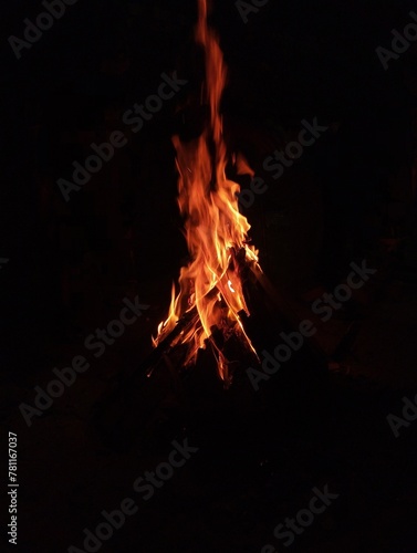 Bright bonfire glowing in the darkness