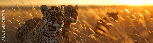 Jaguars standing in the savanna with setting sun shining. Group of wild animals in nature. Horizontal, banner.