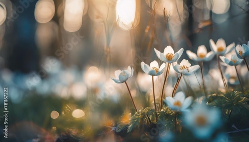 beautiful white flowers of anemones in spring in a forest close up in sunlight in nature spring forest landscape with flowering primroses © Sawyer