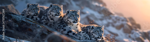 Snow leopard family in the mountain region with setting sun shining. Group of wild animals in nature. Horizontal, banner. © linda_vostrovska