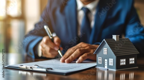 Professional in suit finalizes real estate deal, small model house on table. Document signing concept with clarity and focus on the foreground. Real estate transaction completed. AI photo