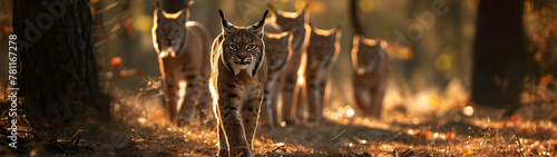 Lynx family in the forest clearing in summer evening with setting sun. Group of wild animals in nature. Horizontal, banner.