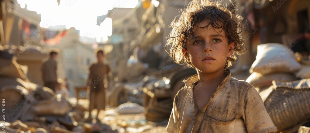 Young child in a worn-out garment standing in a sunlit, dusty street, with a backdrop of a busy market scene, conveying a sense of resilience and hope.