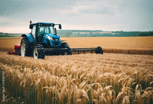 a tractor parked in the middle of a field next to wheat