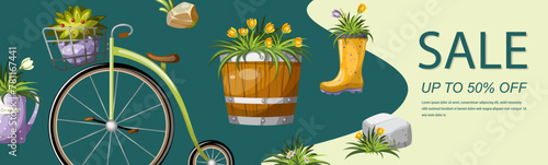 Banner flyer, sale of goods for summer cottage garden 