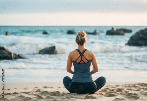 young woman in sports clothes doing yoga at the beach, front view