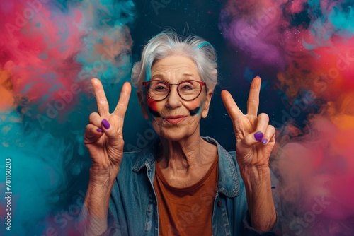 Senior woman making peace sign with colorful smoke background photo