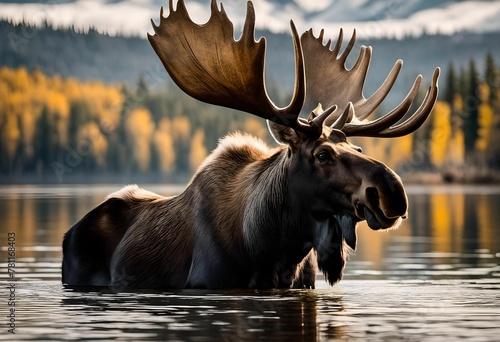 AI generated illustration of A majestic moose  majestically posed in a tranquil lake © Wirestock